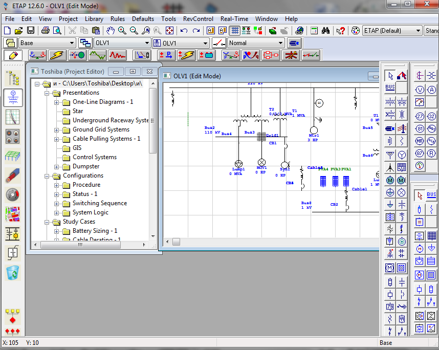 Diagrama unifilar de un sistema eléctrico modelado en el software ETAP
